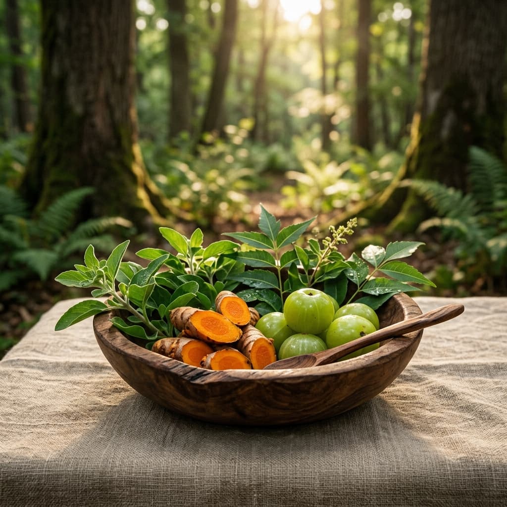 Aesthetic Ayurvedic herbs in a bowl with turmeric and amla
